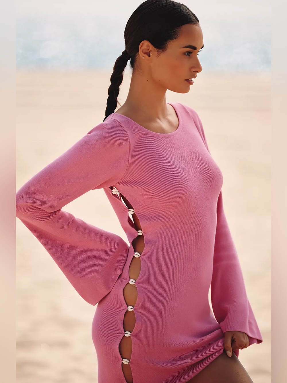 Anthropologie Celandine Pink Long-Sleeve Knit Dress Swimsuit Coverup Side Cutout